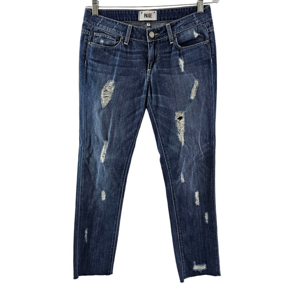 Paige Jimmy Jimmy Skinny Distressed Raw Cut-Off Hem Low Rise Blue Jeans Size 25